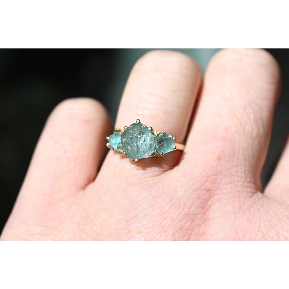 Raw aquamarine ring, crystal ring, three stone ring, natural gemstone jewelry